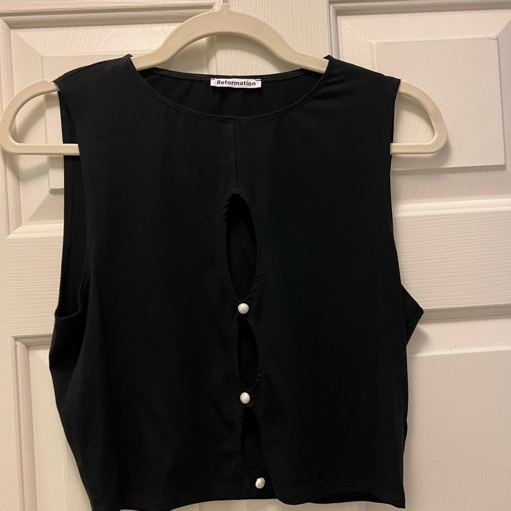 Reformation Black Crop Top with Pearl Accents